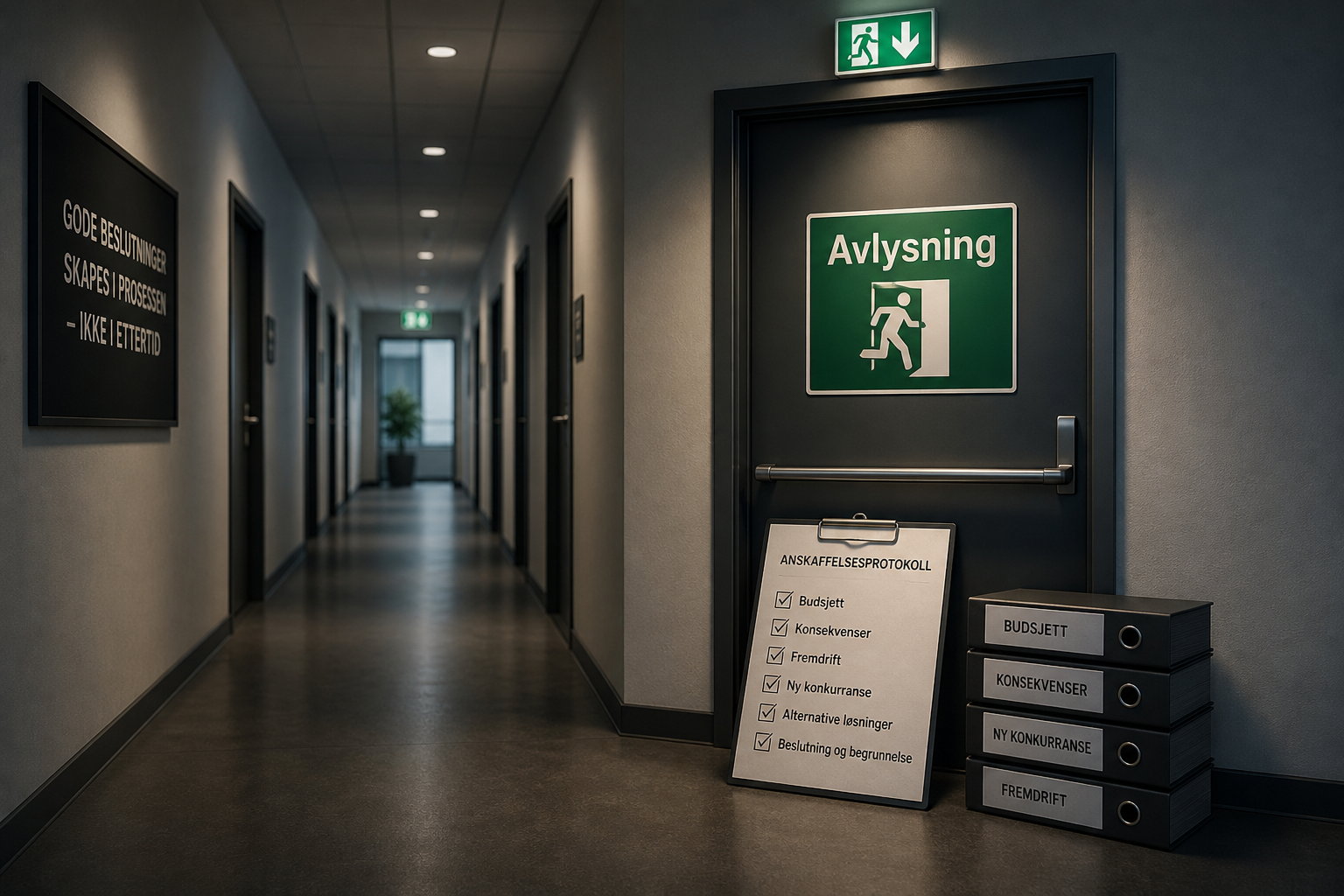 Korridor med en dør merket «Avlysning» som nødutgang. Foran døren ligger en anskaffelsesprotokoll med avkrysset sjekkliste – budsjett, konsekvenser, fremdrift, ny konkurranse, alternative løsninger, beslutning og begrunnelse – ved siden av en stabel ringpermer.