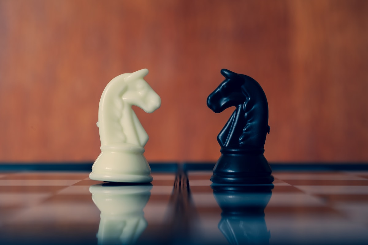 To sjakkhester som st&aring;r mot hverandre p&aring; et sjakkbrett &ndash; symbol p&aring; to ulike, men beslektede strategier