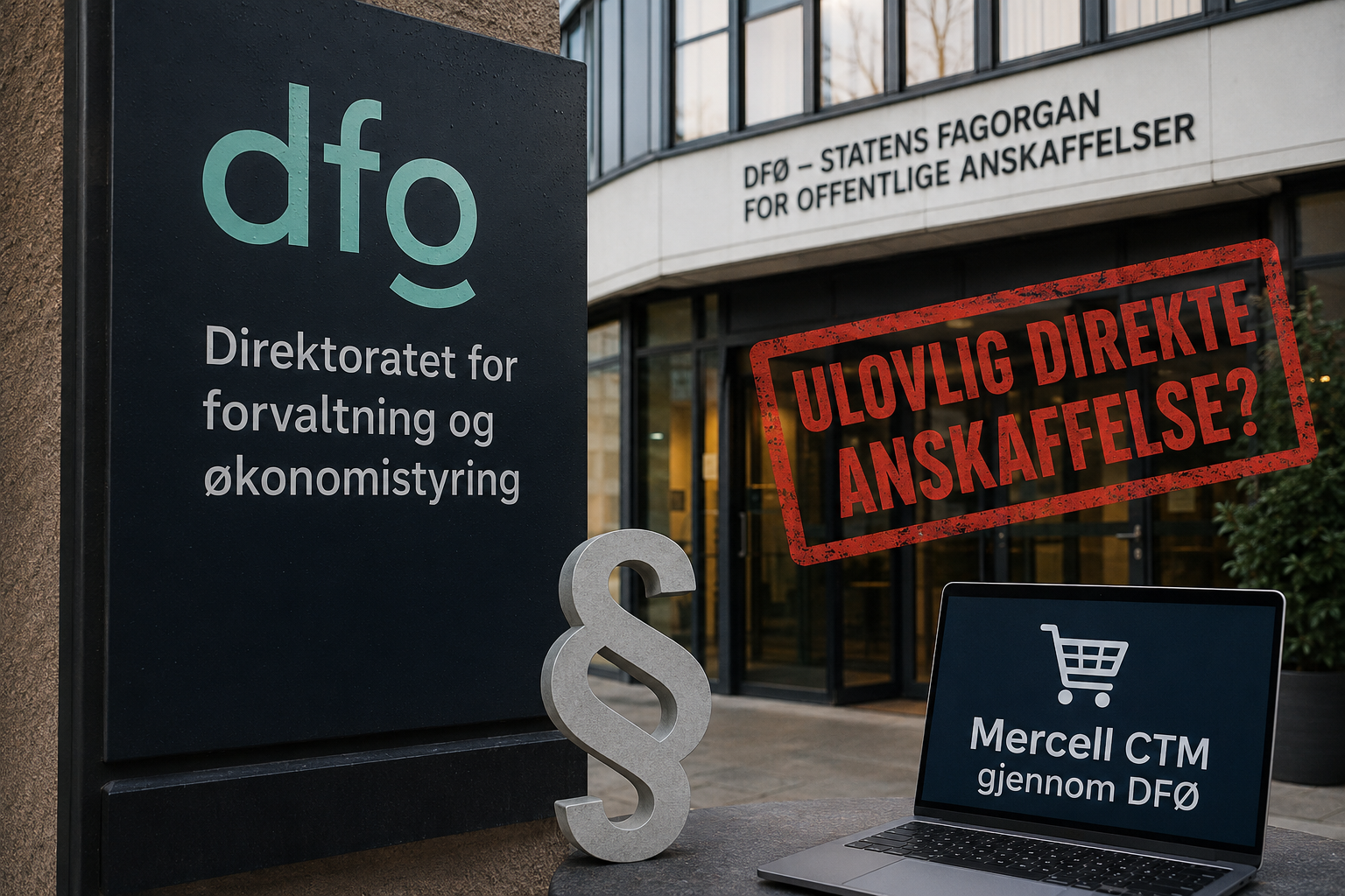 DFØs inngangsparti med skiltet «Statens fagorgan for offentlige anskaffelser», en rød stempelmarkering med teksten «Ulovlig direkte anskaffelse?» og en bærbar PC som viser «Mercell CTM gjennom DFØ».